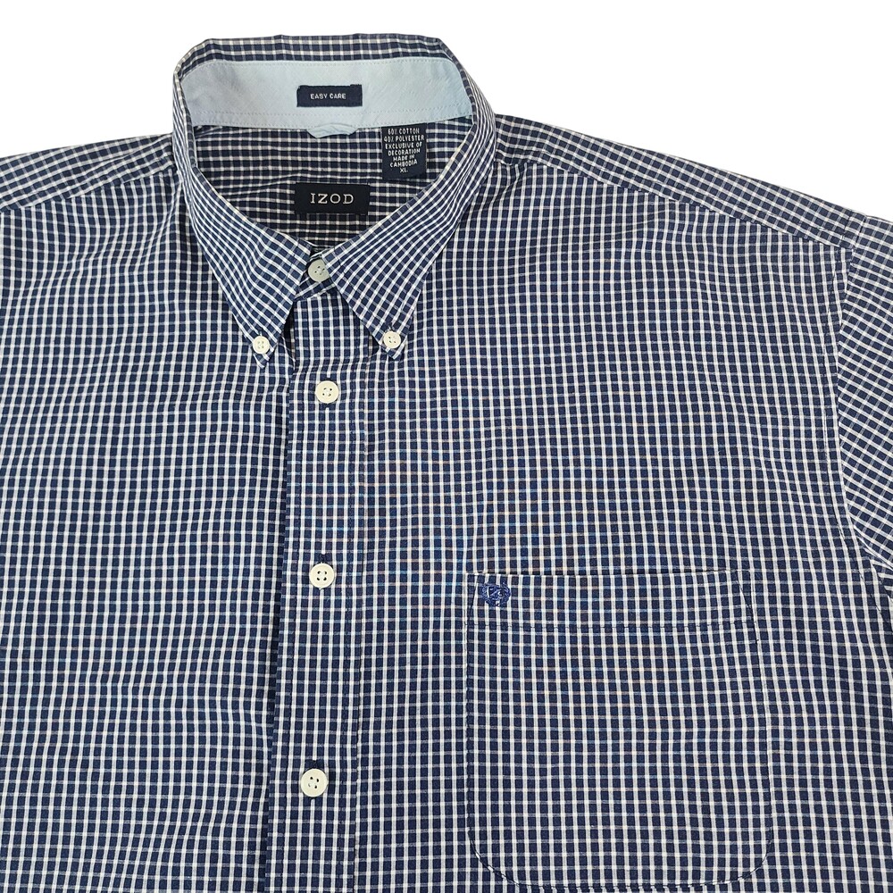 IZOD Shirt Mens XL Blue Check Easy Care Short Sleeve Button Down Pocket Casual